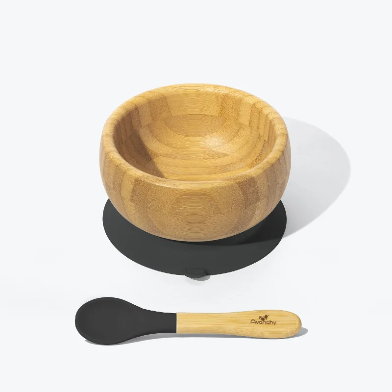 Luxury gold-trimmed plates-Avanchy Bamboo Suction Baby Bowl + Spoon - Black