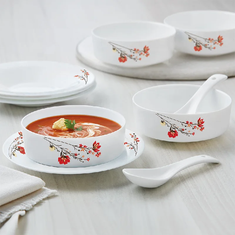 Affordable ceramic soup bowls-Larah by Borosil Chrys Red Soup Bowl w Saucer Set