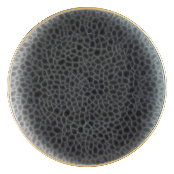 Designer porcelain serving dishes-Black and Gold Rim Transparent Hammered 13″ Round Plastic Charger Plate - 4 Pack