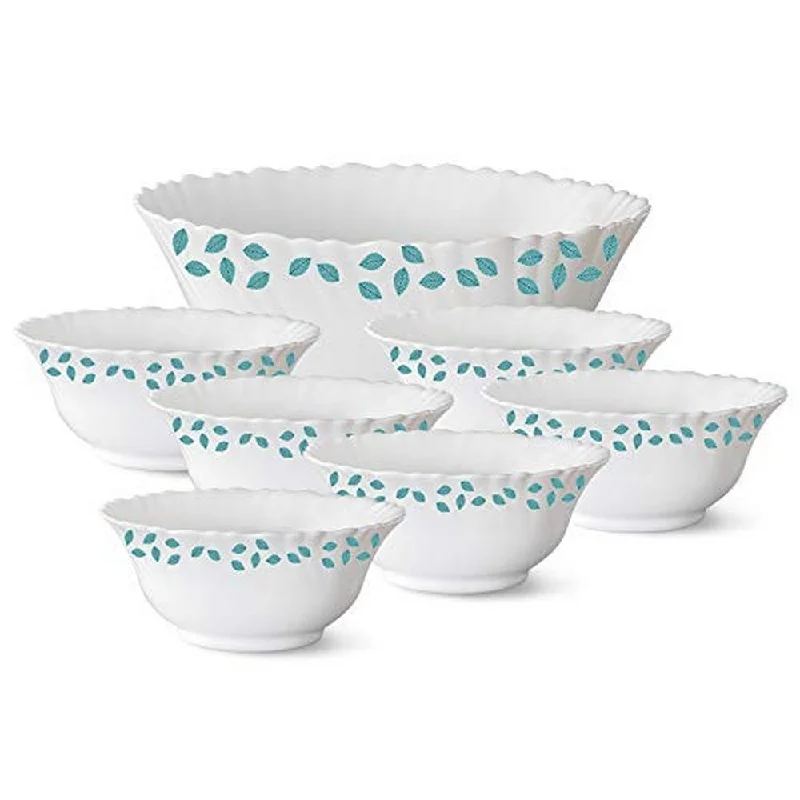 Affordable ceramic dessert bowls-Larah by Borosil Blue Leaves Pudding Set