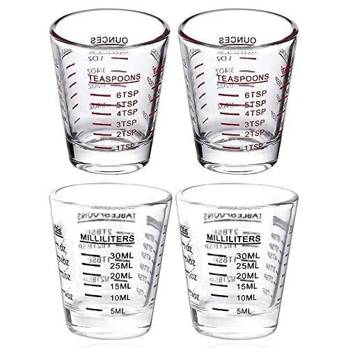 Designer double-wall tumblers-Shot Glasses Measuring cup Espresso Shot Glass Liquid Heavy Glass Wine Glass 26-Incremental Measurement 1oz, 6 Tsp, 2 Tbs, 30ml (2 pack-Black + 2 pack-Red)