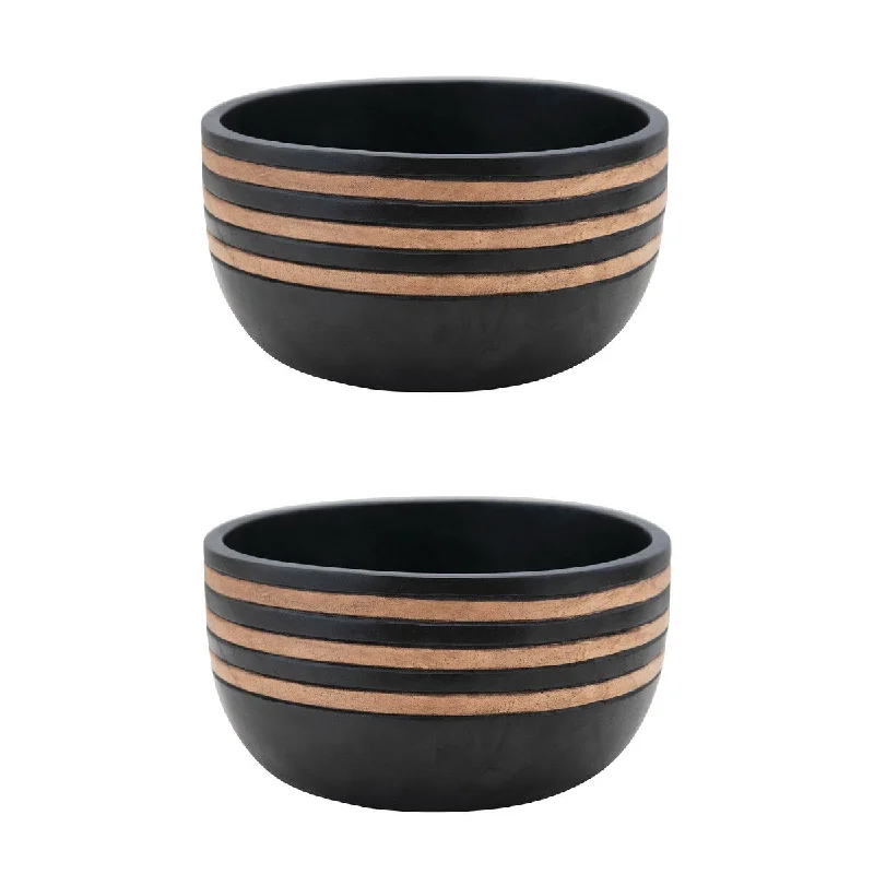 Designer porcelain serving dishes-Mango Wood Grooved Bowl, Black & Natural, Set of 2