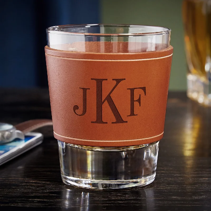 Designer double-wall espresso cups-Whiskey Glass with Personalized Leather Wrap