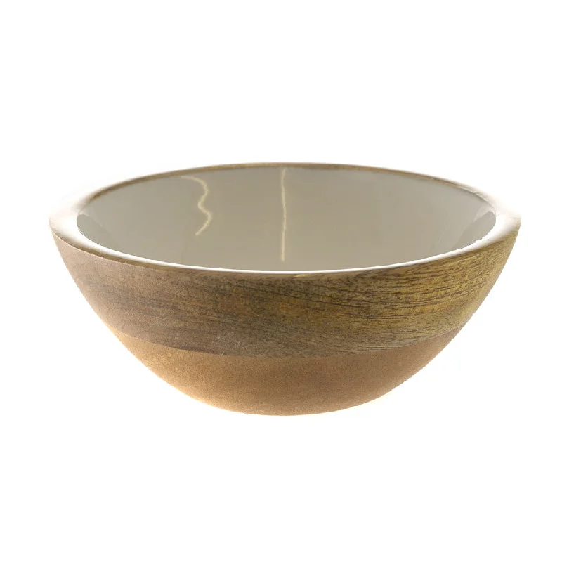 Designer stainless steel knives-Mango Wood Bowl Plain White Enamel Inside 15x15x6cm