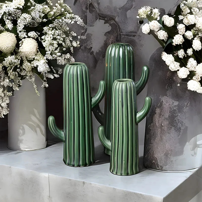 Designer table runners on sale-Cactus Green Vases | Set Of 3