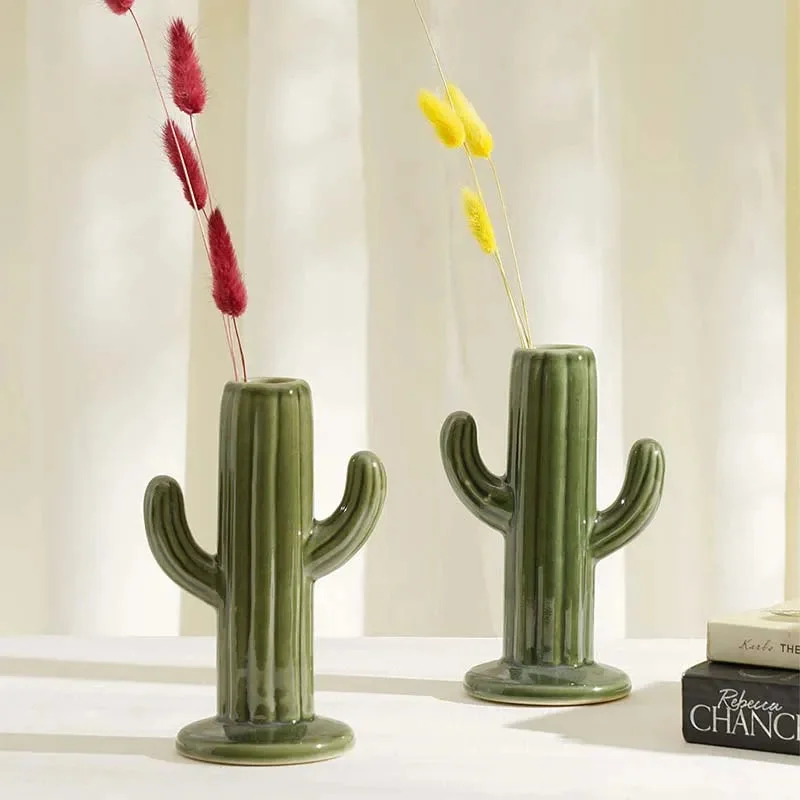 Stylish stackable storage bins-Ceramic Cactus Vases | Set Of 2