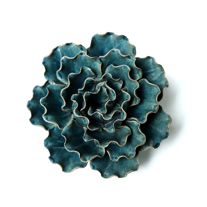 Vintage glass wall art-Ceramic Flower Wall Art Lettuce Teal Large 5