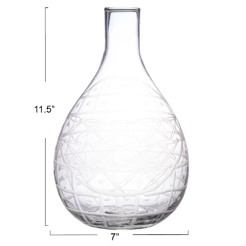 Elegant floral wall mirrors-Hand-Blown Etched Reclaimed Glass Pitcher - 7.0"L x 7.0"W x 11.5"H - 7.0"L x 7.0"W x 11.5"H