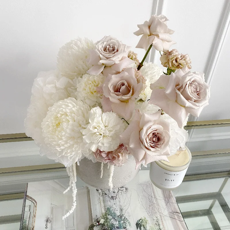 Casual farmhouse throw blankets-'In The Clouds' Luxe Ceramic Pot Combining Lasting Hydrangeas + Fresh Blooms