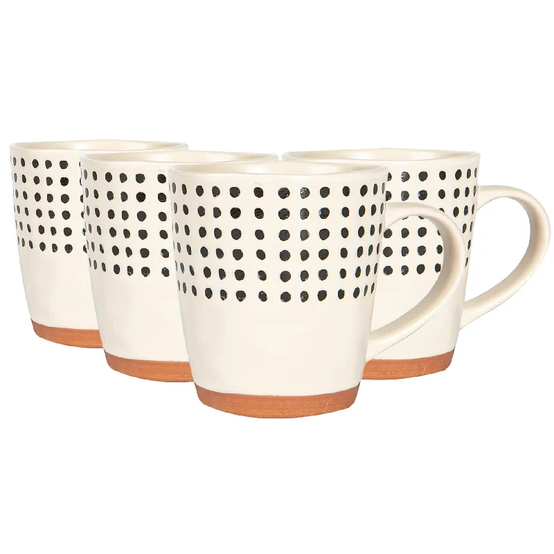 Designer latte mugs with handles-360ml Spotted Rim Portuguese Stoneware Coffee Mugs - Pack of Four - By Nicola Spring