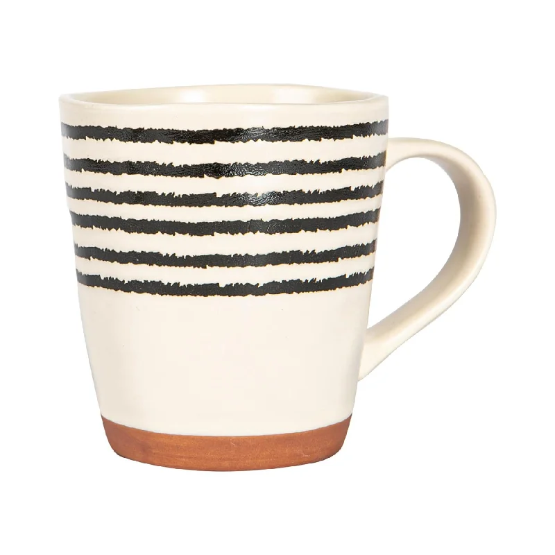 Trendy stackable glass tumblers-360ml Striped Rim Portuguese Stoneware Coffee Mug - By Nicola Spring - Cream