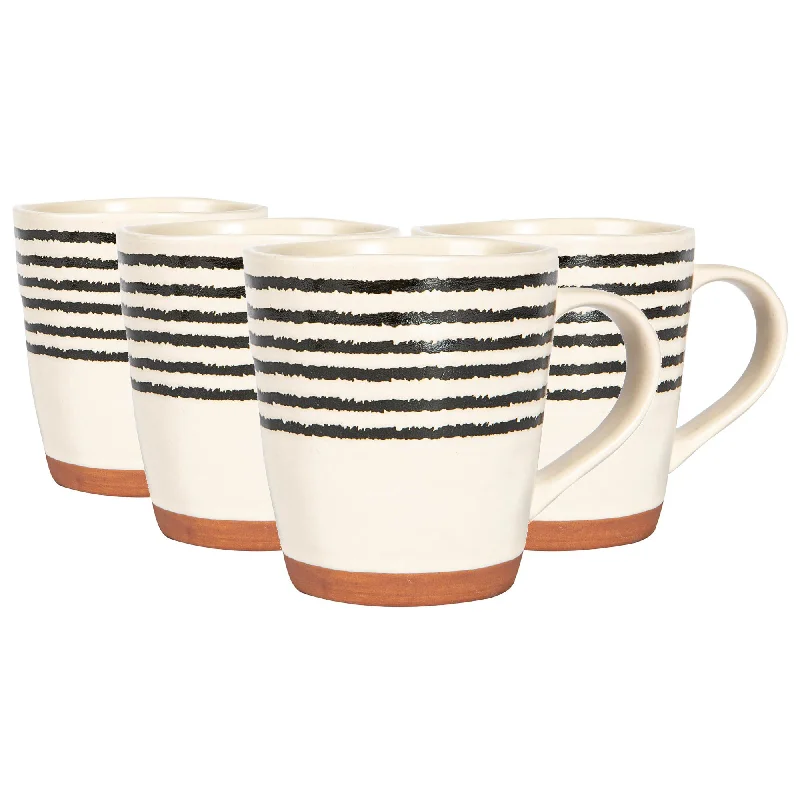 Trendy reusable coffee cups-360ml Striped Rim Portuguese Stoneware Coffee Mugs - Pack of Four - By Nicola Spring