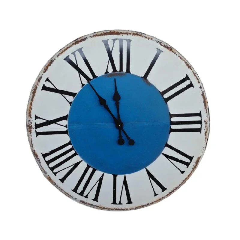 Designer wall art for living rooms-Blue and white metal clock 82cm