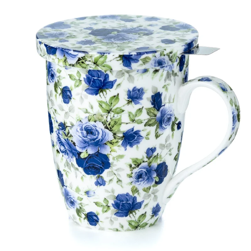 Trendy frosted tumblers with lids-Chintz Dark Blue Roses Tea Mug w/ Infuser and Lid | NEW for 2024