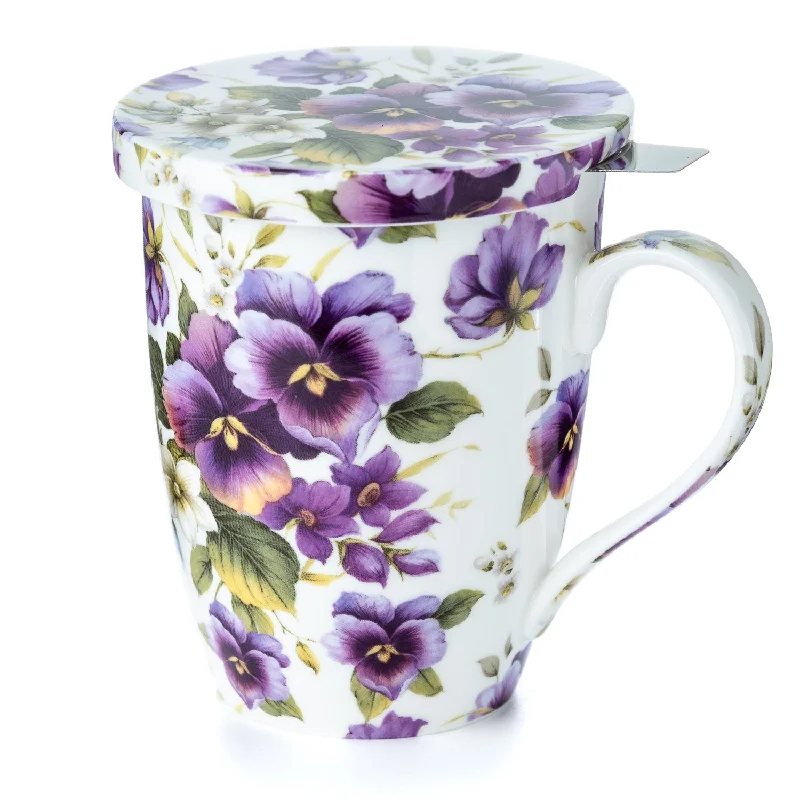 Trendy matte black tumblers-Chintz Purple Pansies Tea Mug w/ Infuser and Lid | NEW for 2024