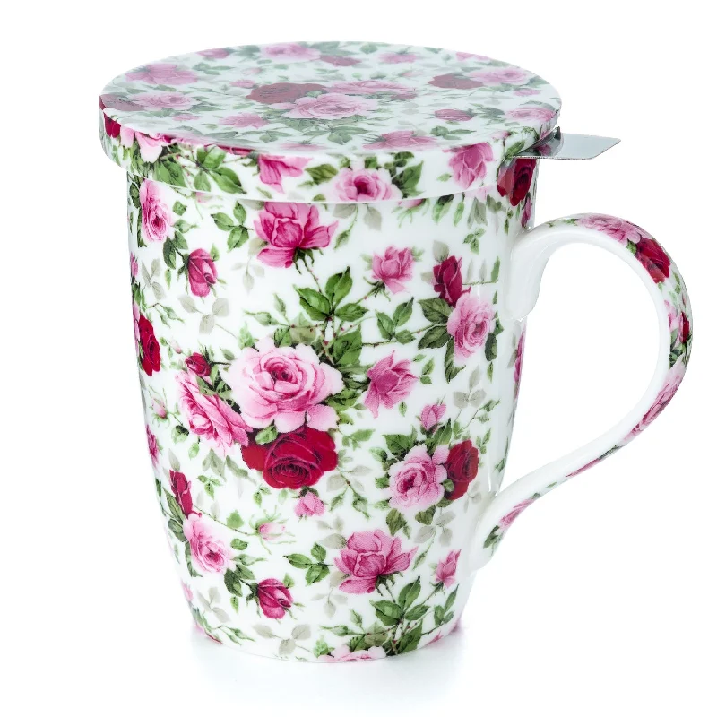 Designer whiskey glasses under 50-Chintz Red & Pink Roses Tea Mug w/ Infuser and Lid | NEW for 2024