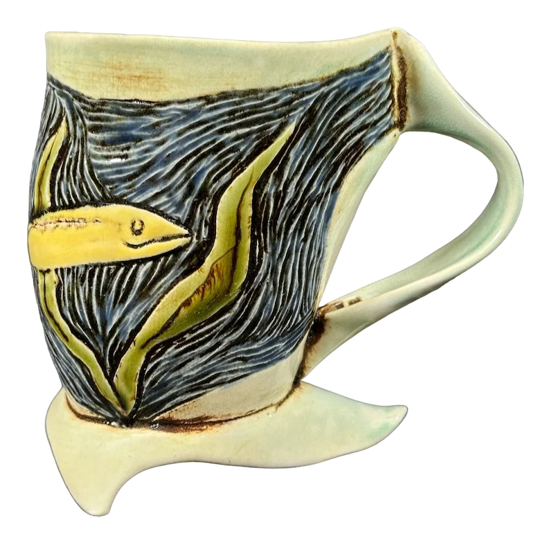 Vintage floral teacups-Fish And Plants Underwater Etched Pottery Mug RRS Pottery