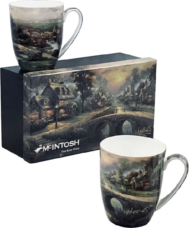 Designer ceramic latte cups-Kinkade Lamplight Village Mug Pair