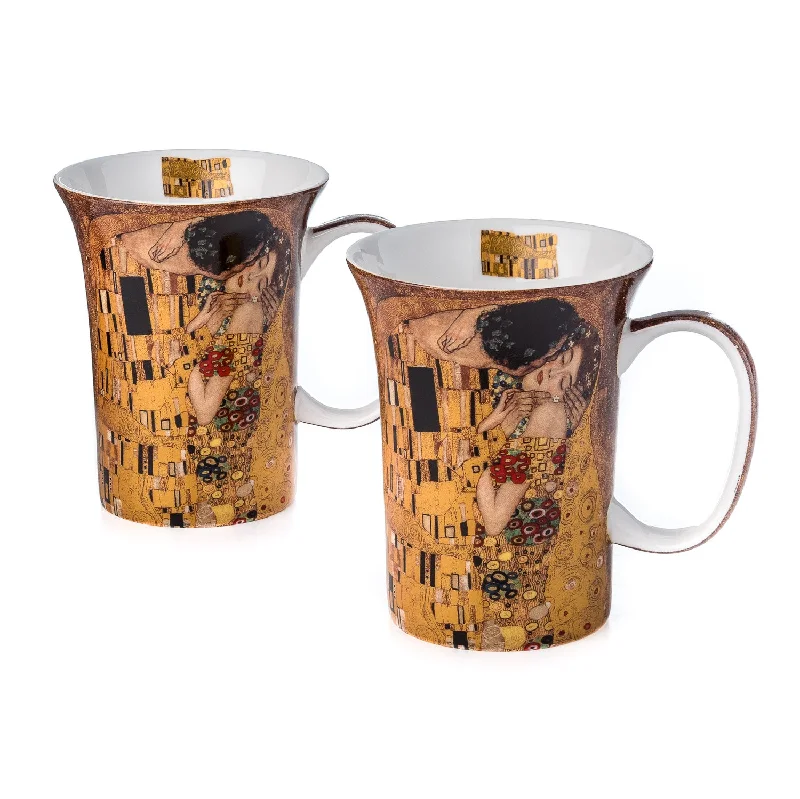 Luxury gold-rimmed coffee mugs-Klimt The Kiss set of 2 Mugs