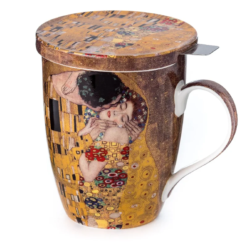 Insulated stainless steel tumblers-Klimt The Kiss Tea Mug W/Infuser and Lid