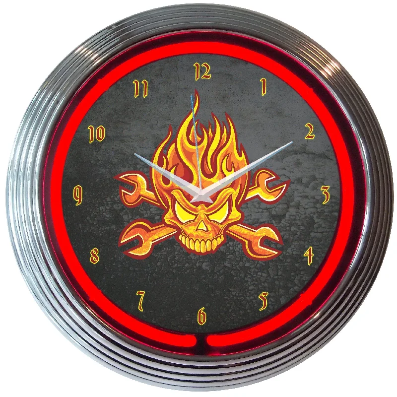 Trendy oversized wall mirrors-Mechanic Fire Skull and Wrenches Neon Clock