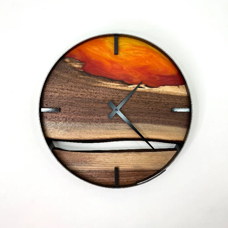 Affordable ceramic figurines-*NEW // 14” Black Walnut Live Edge Wood Wall Clock ft. Sunrise Epoxy Inlay