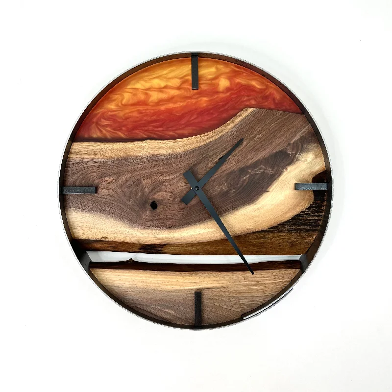 Vintage-inspired candle lanterns-*NEW // 14” Black Walnut Live Edge Wood Wall Clock ft. Sunrise Epoxy Inlay