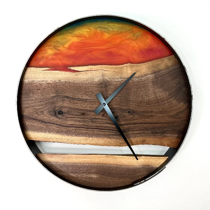 Vintage glass wall art-*NEW // 14” Black Walnut Live Edge Wood Wall Clock ft. Sunrise Epoxy Inlay