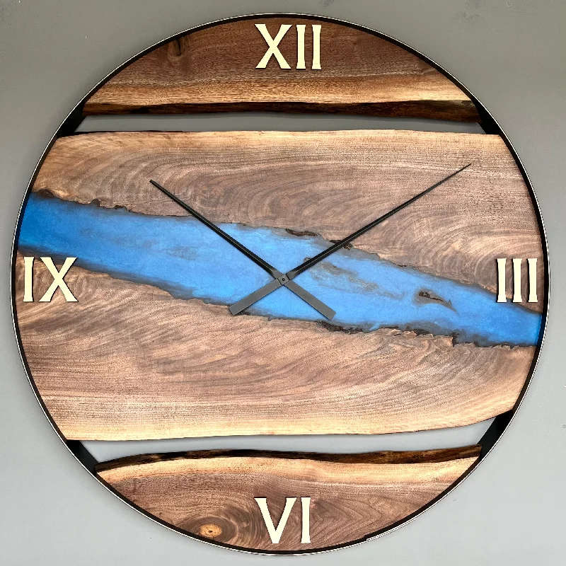 Casual fabric accent pillows-*NEW // 42” Black Walnut Live Edge Wood Wall Clock ft. Maui Blue Epoxy Inlay