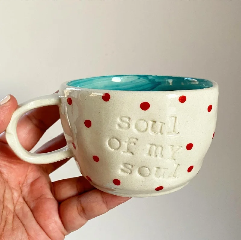 Cute cartoon mugs for kids-Soul of my soul wobbly mug in aqua. Proceeds from this mug go to Gaza.