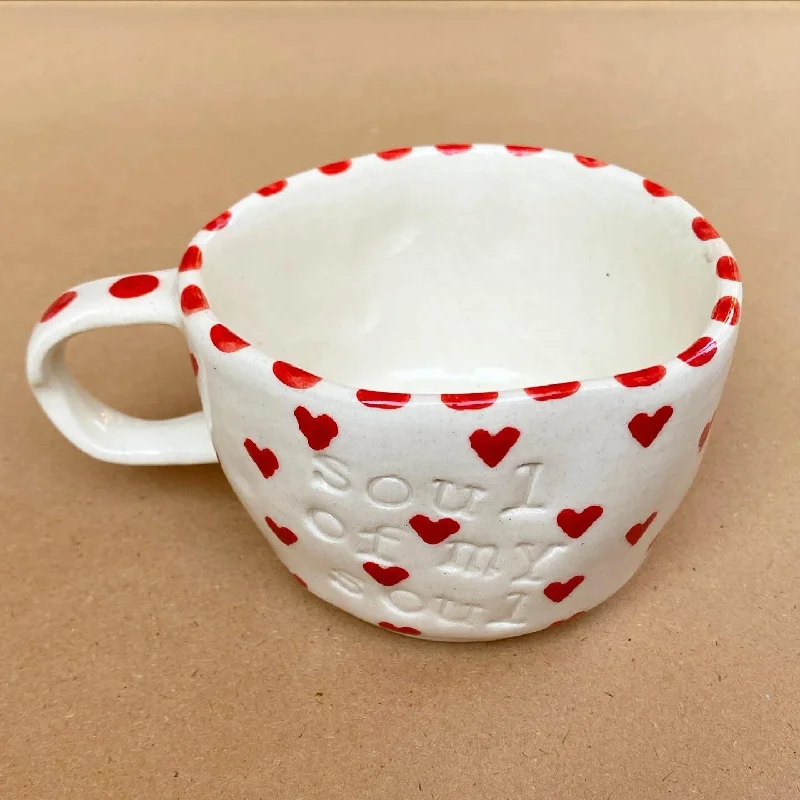 Vintage retro drinking glasses-Soul of my soul wobbly mug in red hearts. Proceeds from this mug go to Gaza. These mugs are hand built so each mug will be different in its crookedness and wobbliness. No two are the same.