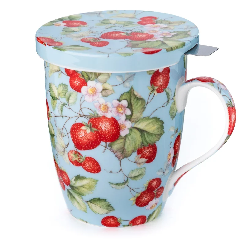 Affordable insulated camping cups-Strawberries Forever Tea Mug w/ Infuser and Lid