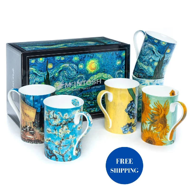 Stylish clear glass coffee cups-Van Gogh set of 6 Classico Mugs | NEW SET