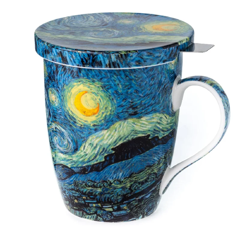 Elegant hand-painted mugs-Van Gogh Starry Night Tea Mug W/Infuser and Lid