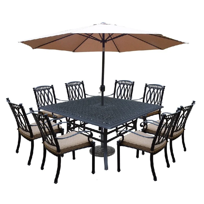 Luxury crystal chandeliers for homes-11 Piece Dining Set with Square Table, 8 Stackable, Welded Cushioned Dining Chairs, 9 ft Umbrella & Cast Stone Stand & Weight