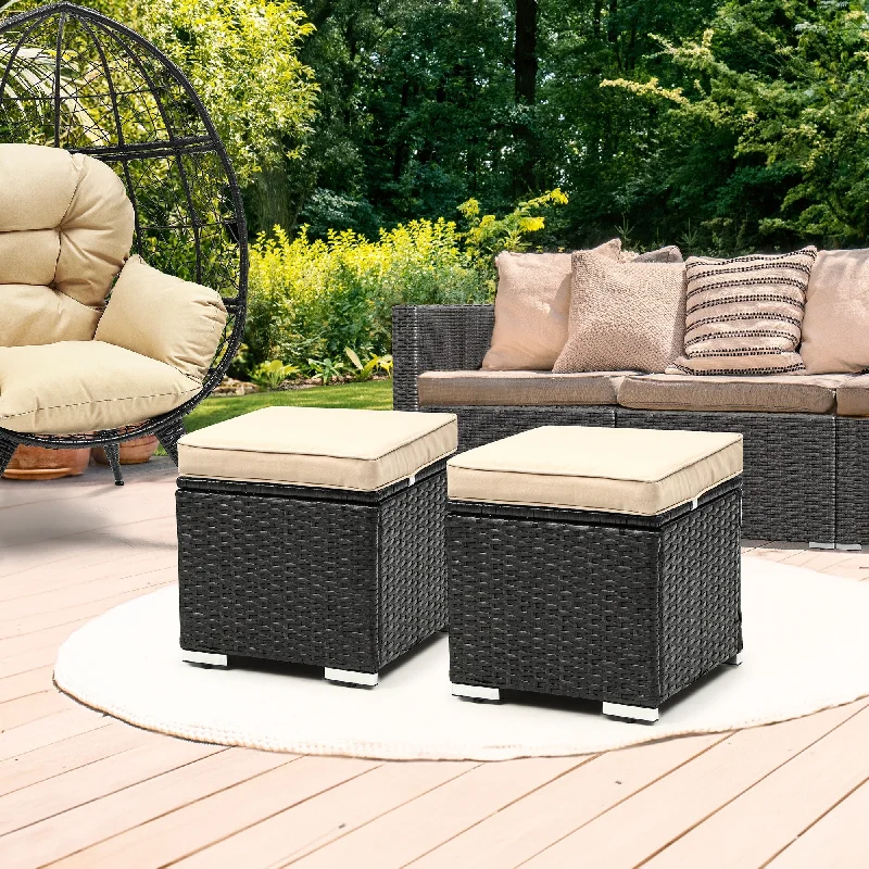 Affordable wooden wall clocks-2-Piece Patio Wicker Storage Ottoman with Cushions - 15.4"L x 15.4"W x 35.5"H