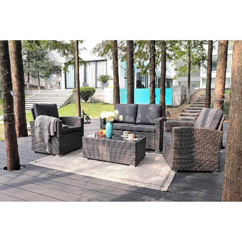 Affordable reusable wall decals-4 Person Patio Rattan Conversation Set with Grey Cushions Outdoor Tempered Glass Table