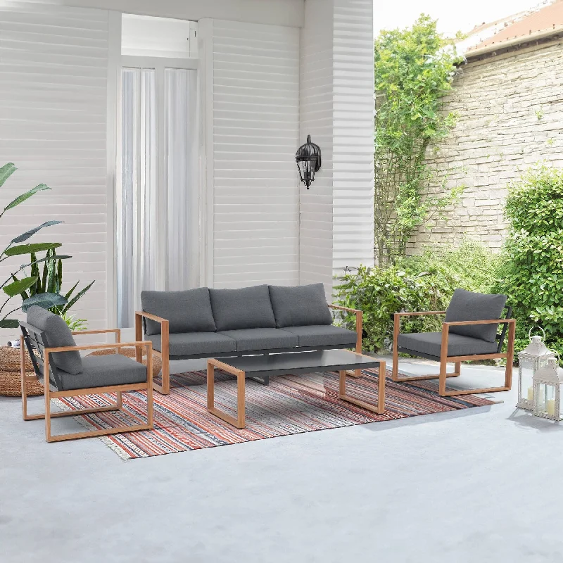 Elegant floral throw rugs-4-Piece 5 Person Patio Aluminum Grey Conversation Set With Cushions and Tempered Glass Table