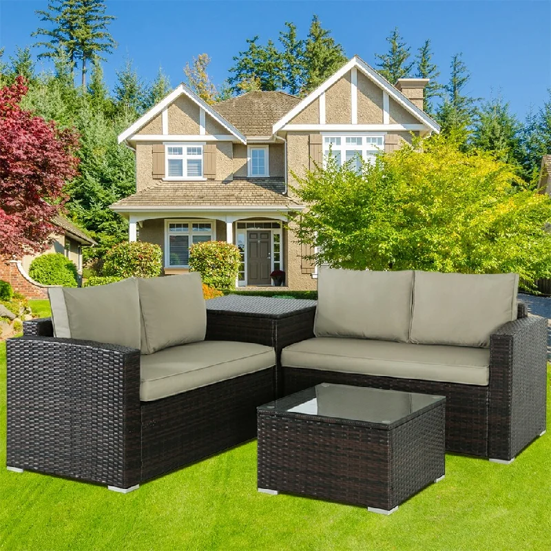 Casual fabric accent pillows-4-Piece Wicker Outdoor Sectional Set with Cushions