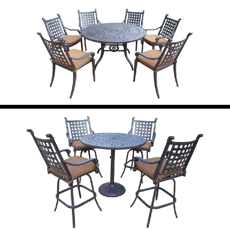 Luxury gold-accented sculptures-5 Pc Round Bar Set and 9 Pc Dining set and Sunbrella Cushions.