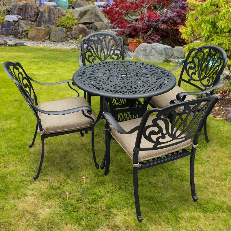 Elegant gold-framed wall art-5-Piece Aluminum Outdoor Patio Dining Set with Beige Cushions