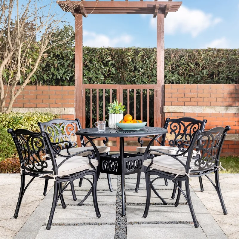 Trendy reusable wall signs-5-Piece Outdoor Cast Aluminium Dining Set with Olefin Fabric Cushions by Elm Plus