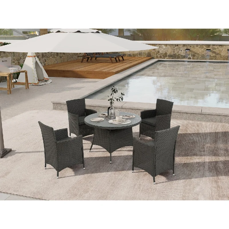 Casual woven baskets for storage-5 Piece Outdoor Dining Set All-Weather Wicker Dining Table,Chairs with Cushions,Round Tempered Glass Tabletop, Umbrella Cutout