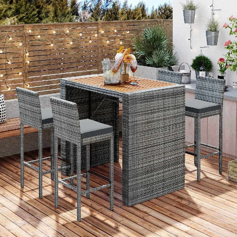 Soft bamboo accent pillows-5-Pieces Outdoor Patio Wicker Bar Set, Bar Height Chairs with Non-slip Feet and Fixed Rope, Removable Cushion, Wood Table Top