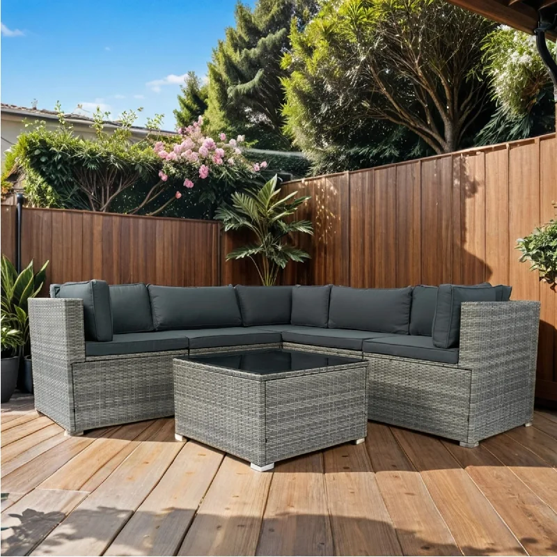 Trendy ombre wall mirrors-6 Pieces PE Rattan sectional Outdoor Furniture Cushioned Sofa set Grey Wicker, Dark Grey Cushion