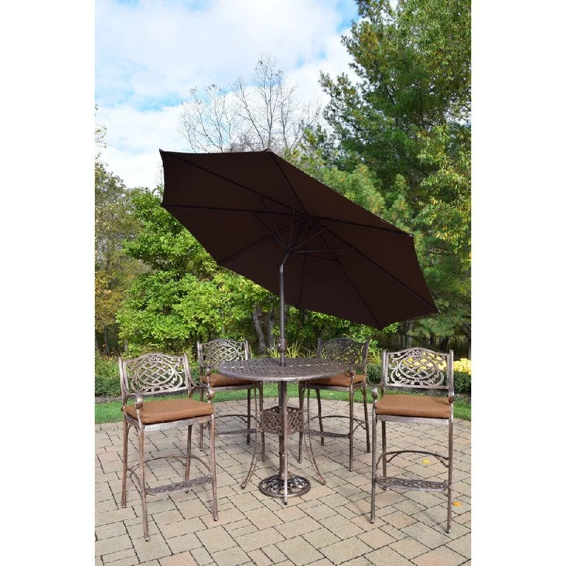 Designer table runners on sale-7 Pc Bar Set, Round Table, 4 Cushioned Bar Chairs, Umbrella and Stand