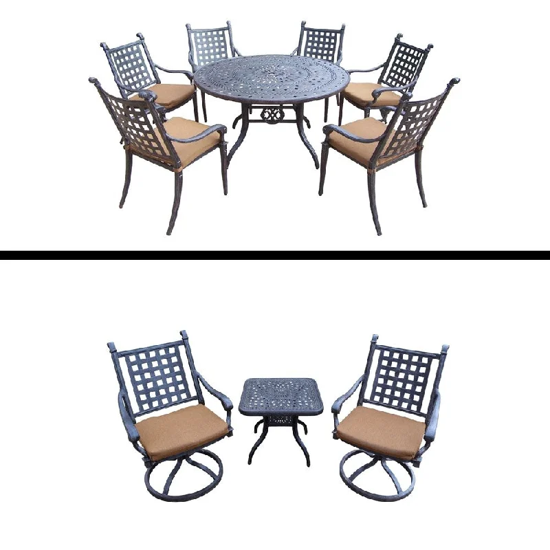 Casual farmhouse wall signs-7 Pc Round Dining Set and 3 Pc Chat Set with Sunbrella Cushions