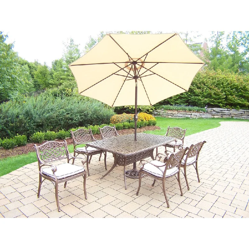 Affordable ceramic wall art-9 Pc Dining Set with Boat Table, 6 Cushioned Chairs, Umbrella, Stand