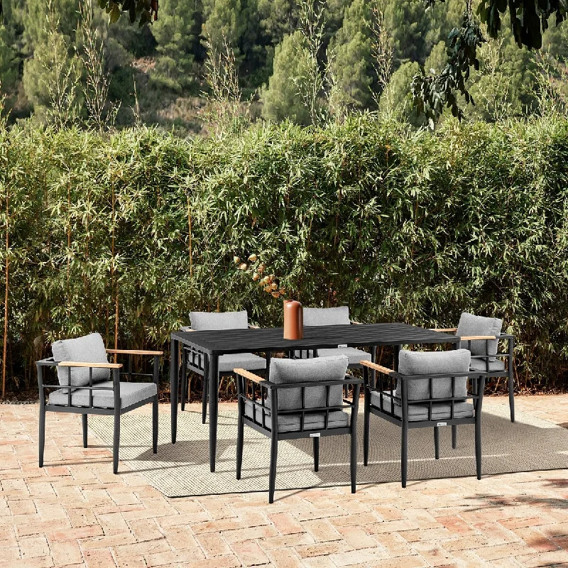 Trendy ceramic vases for flowers-Beowulf Outdoor Patio 7-Piece Dining Table Set in Aluminum and Teak with Grey Cushions