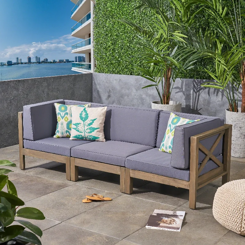 Trendy matte black vases-Brava Outdoor Cushioned Acacia Wood Sofa by Christopher Knight Home